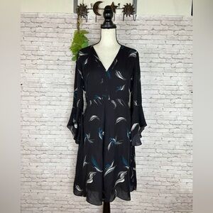 Classiques Enrier Black Faux Wrap Blue Feather Flare Sleeve Dress